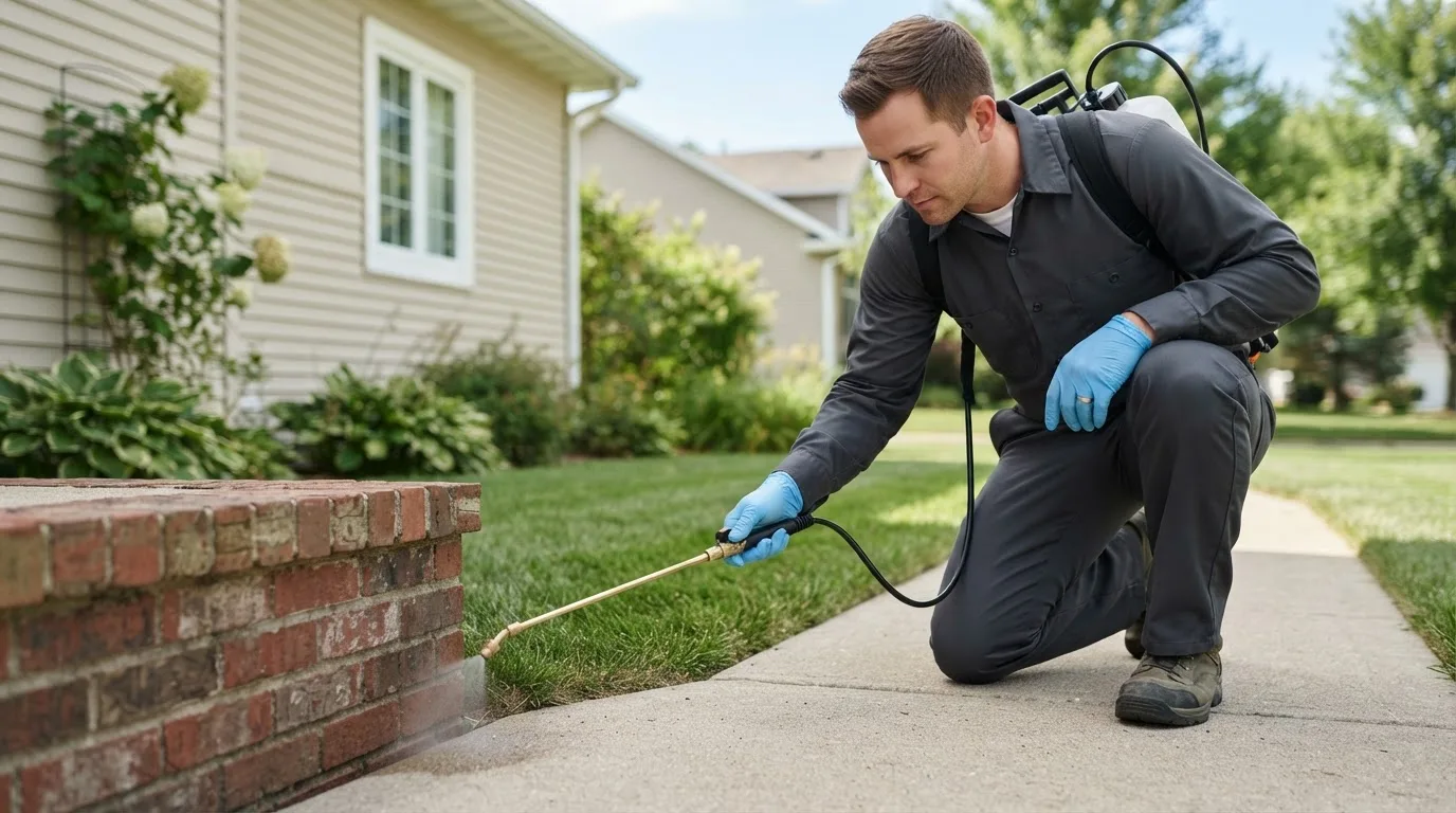 Pest control technician treating a home near Fremont, NH