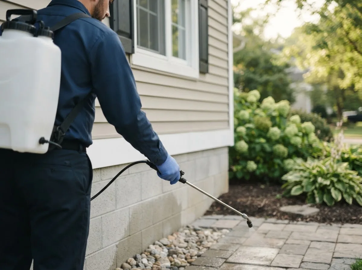 Pest control technician inspecting a home in Fremont, NH